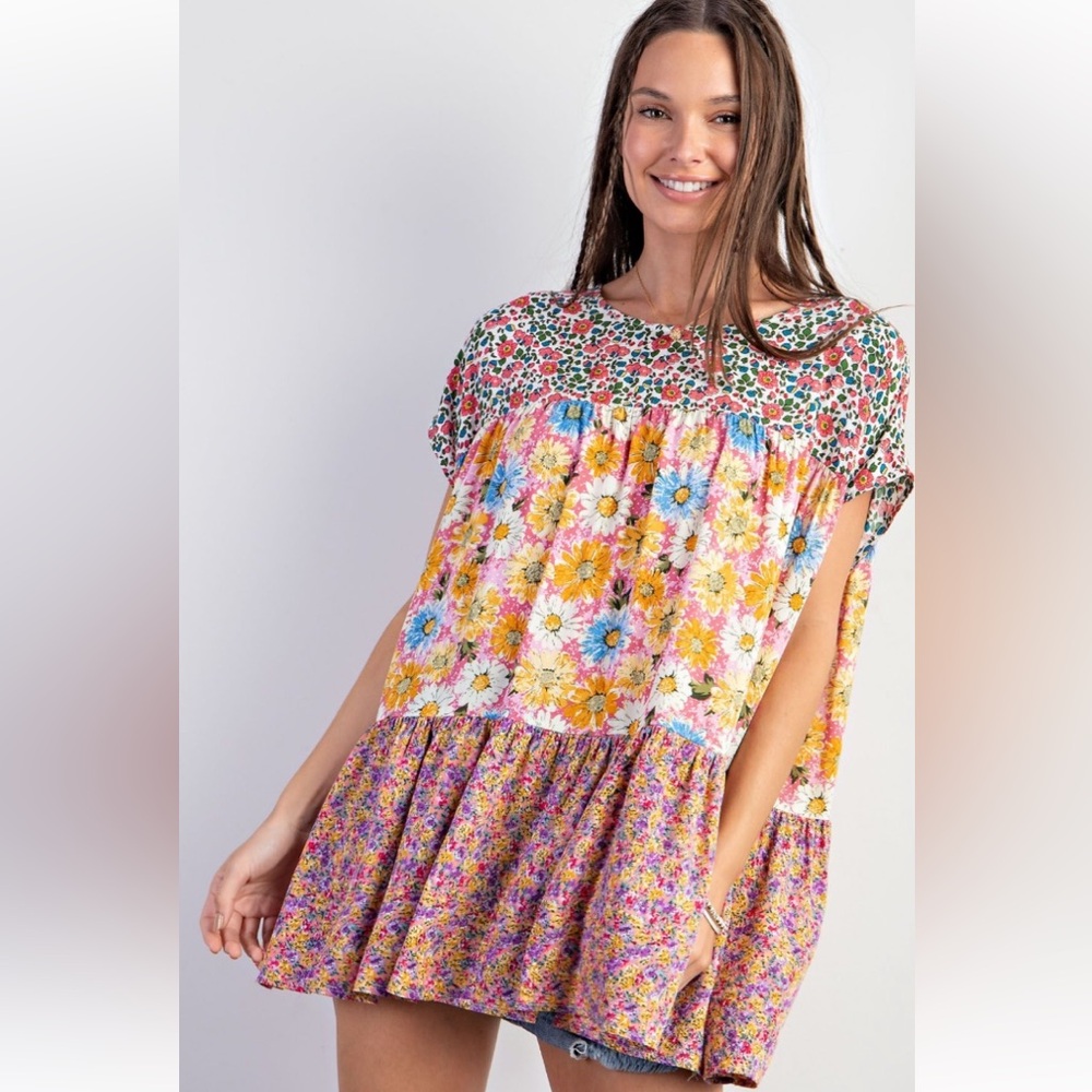 easel Floral Patchwork Tiered Short Sleeve Top in Yellow, Pink, Blue